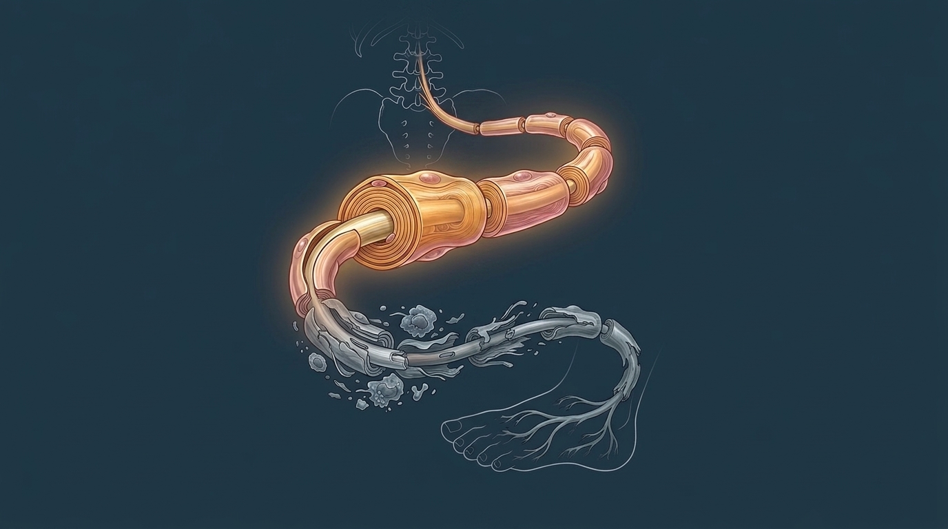 Illustration of a long peripheral nerve fiber from spine to foot